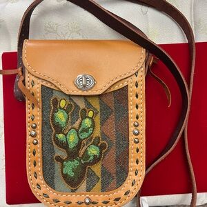 Handcrafted Tan and Green Leather Cactus Crossbody Bag